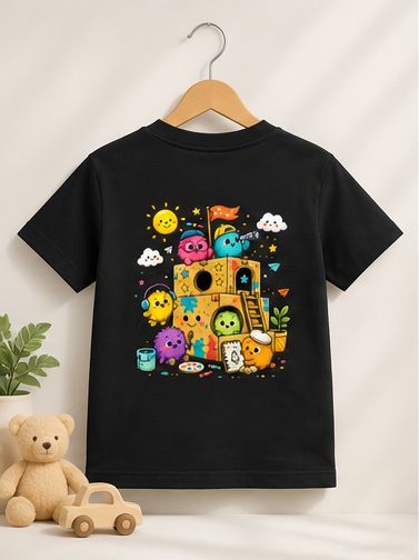 Kids Creative Playhouse Cartoon T-Shirt | Premium Cotton | Back Print + Pocket Print