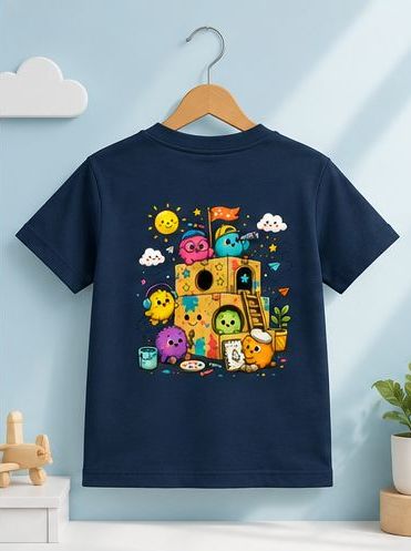 Kids Creative Playhouse Cartoon T-Shirt | Premium Cotton | Back Print + Pocket Print