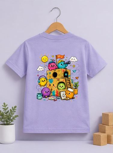 Kids Creative Playhouse Cartoon T-Shirt | Premium Cotton | Back Print + Pocket Print