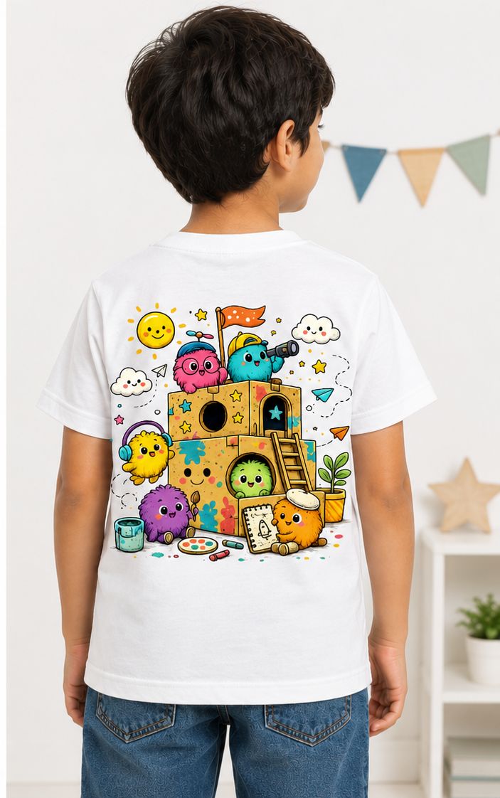 Kids Creative Playhouse Cartoon T-Shirt | Premium Cotton | Back Print + Pocket Print