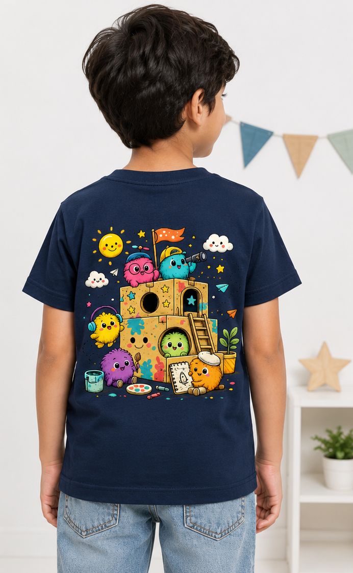 Kids Creative Playhouse Cartoon T-Shirt | Premium Cotton | Back Print + Pocket Print