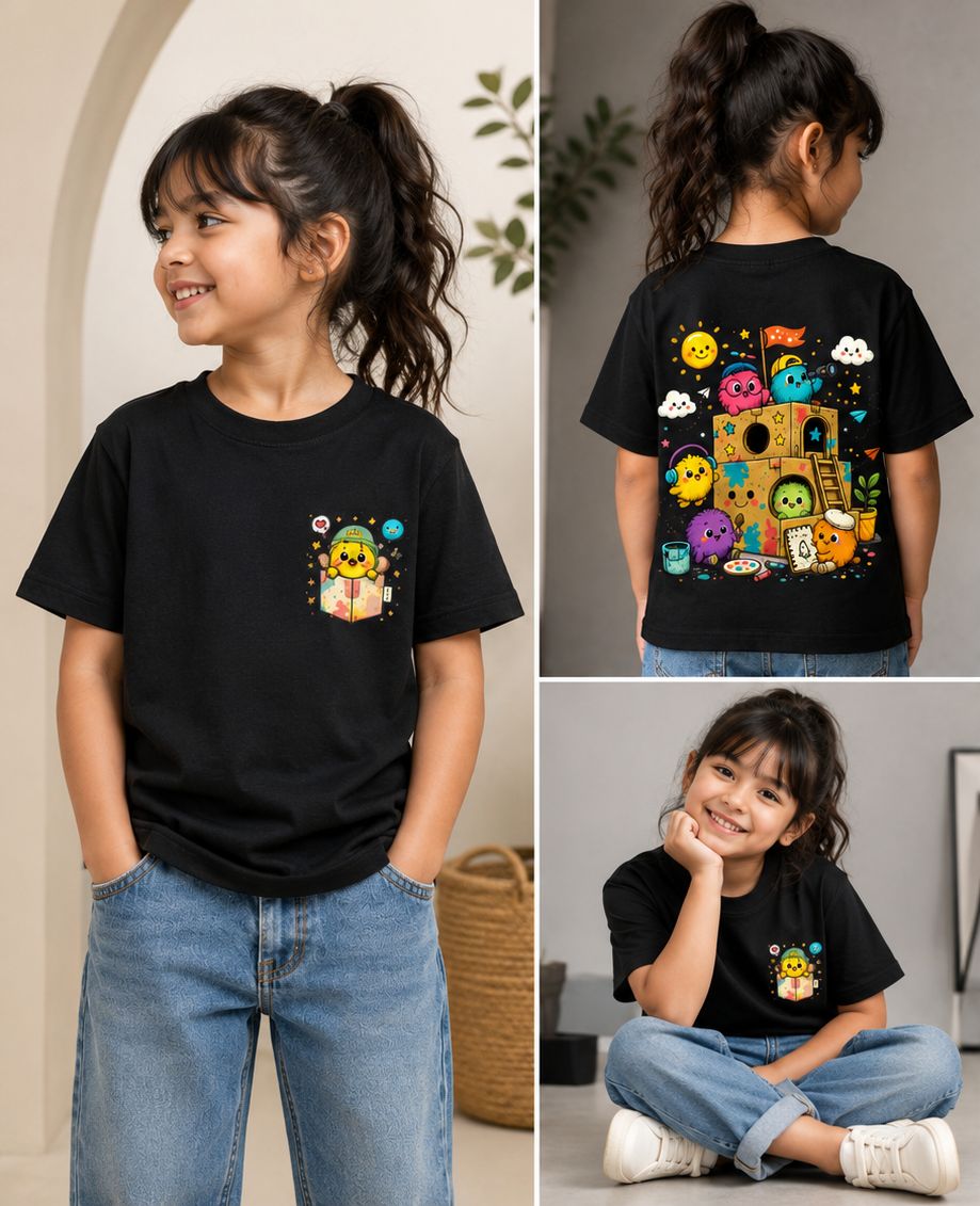 Kids Creative Playhouse Cartoon T-Shirt | Premium Cotton | Back Print + Pocket Print