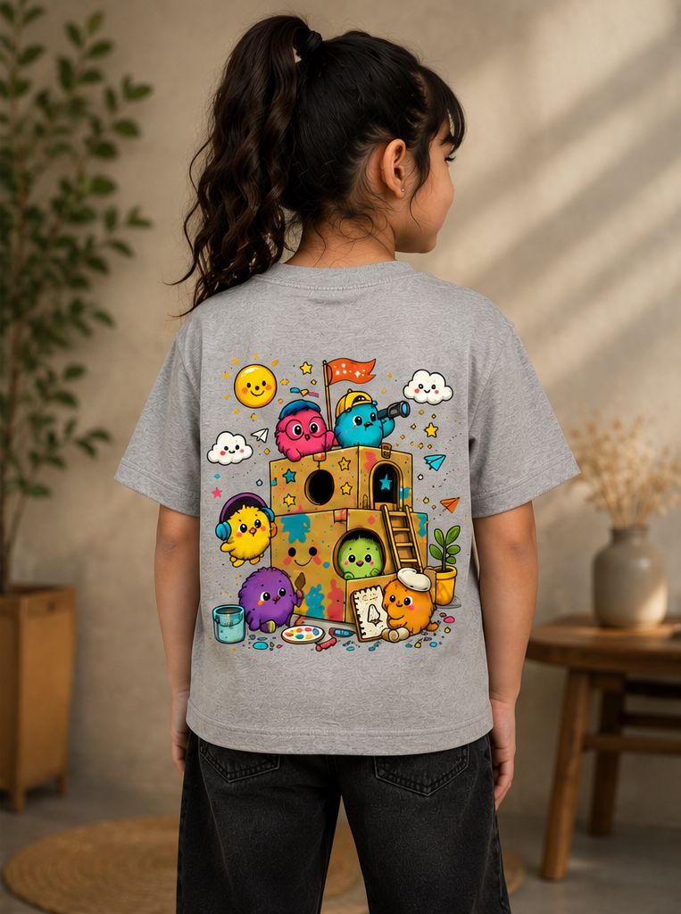 Kids Creative Playhouse Cartoon T-Shirt | Premium Cotton | Back Print + Pocket Print