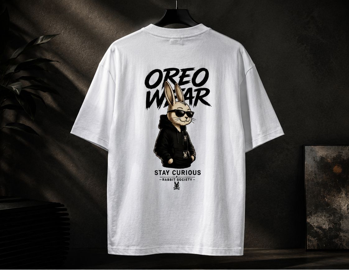 Oreo Wear – Stay Curious Rabbit Oversized Graphic T-Shirt | Premium Cotton Unisex Tee