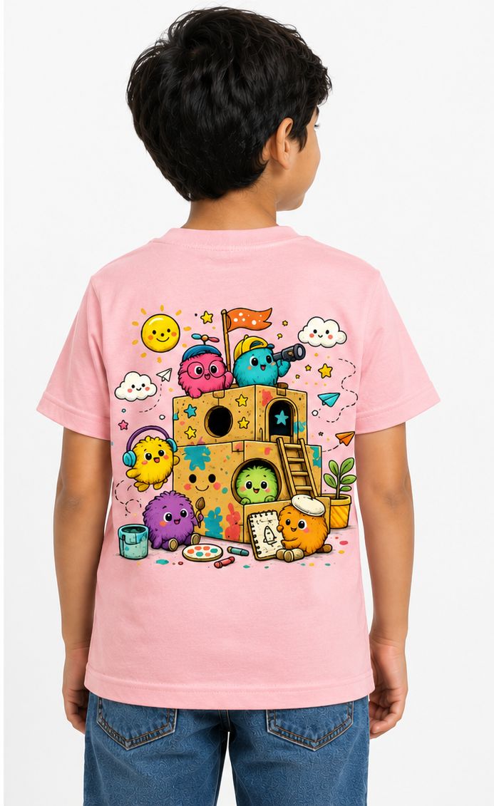 Kids Creative Playhouse Cartoon T-Shirt | Premium Cotton | Back Print + Pocket Print