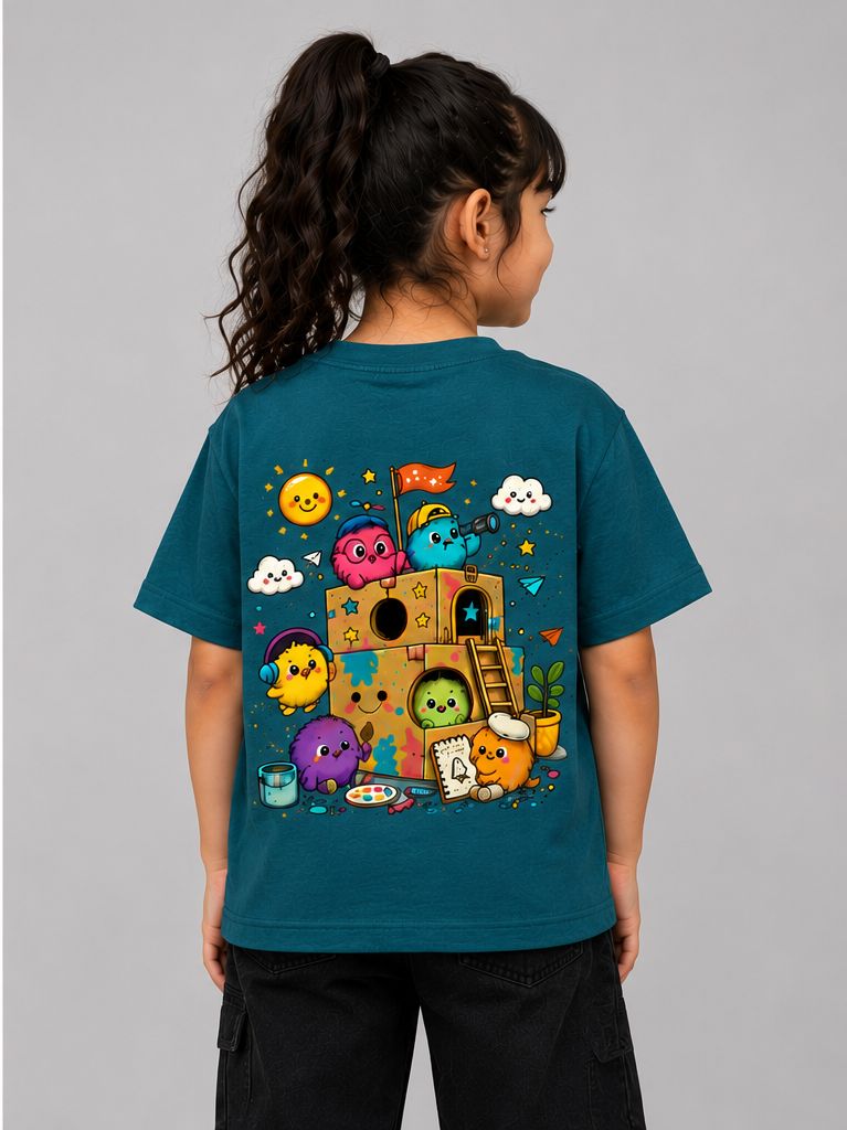 Kids Creative Playhouse Cartoon T-Shirt | Premium Cotton | Back Print + Pocket Print