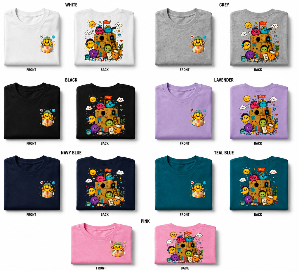 Kids Creative Playhouse Cartoon T-Shirt | Premium Cotton | Back Print + Pocket Print